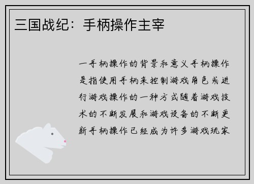 三国战纪：手柄操作主宰